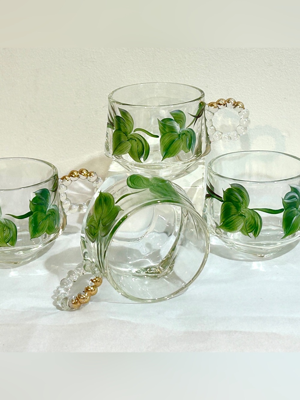 Mid-Century Gay Fad Hazel Atlas Gayfad Glass Ivy Cups 22k Gold Boopie Handle 4pc